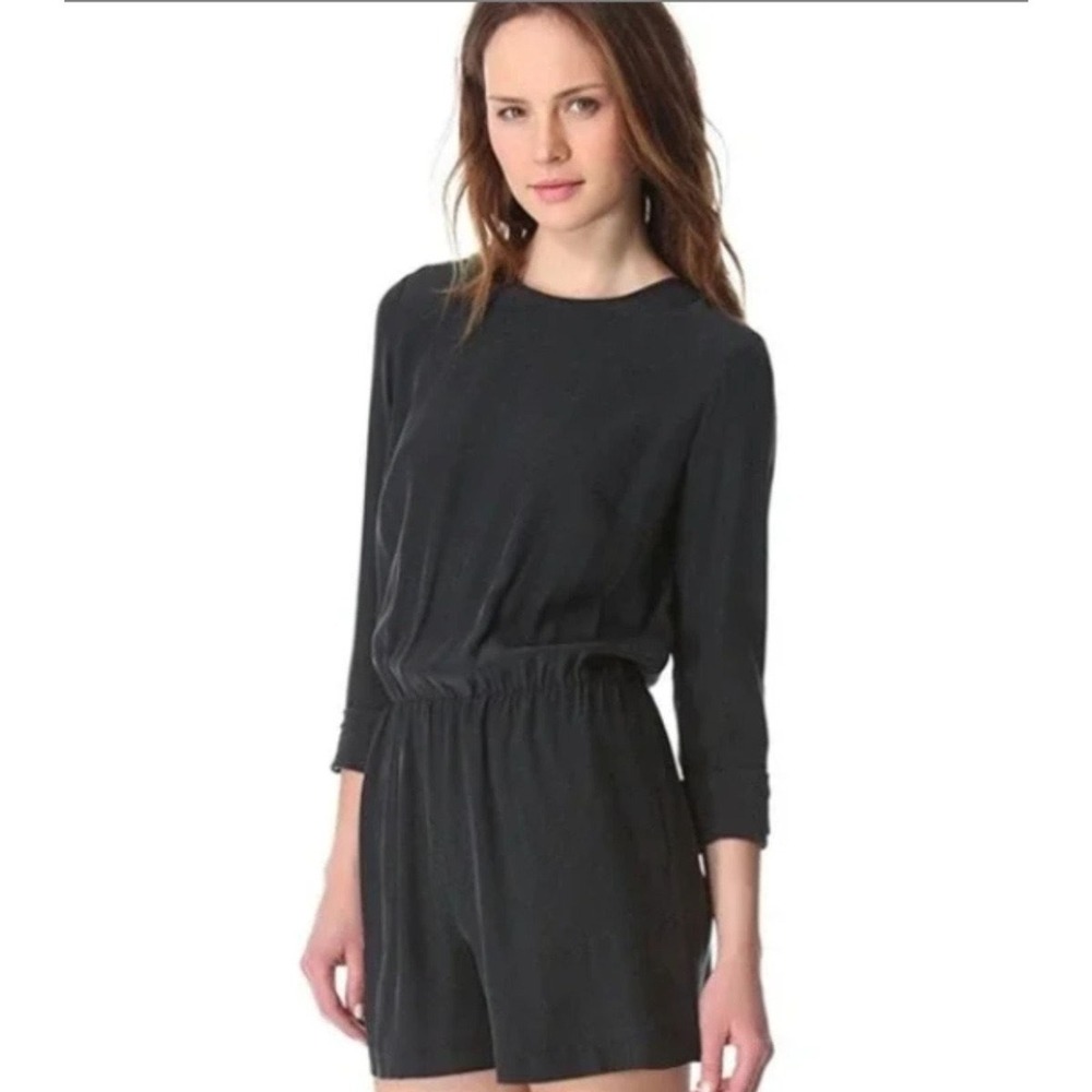 Club Monaco Black 100% Silk Long Sleeve Romper Size 0 Exposed Back Zip 295536761